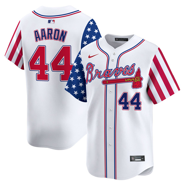 Men's Atlanta Braves #44 Hank Aaron White 2024 Independence Day Vapor Limited Stitched Baseball Jersey Men's Atlanta Braves #44 Hank Aaron White 2024 Independence Day Vapor Limited Stitched Baseball Jersey